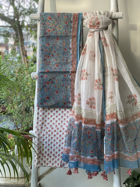 BLUE-OFF WHITE HAND BLOCK PRINT KOTA DUPATTA SET
