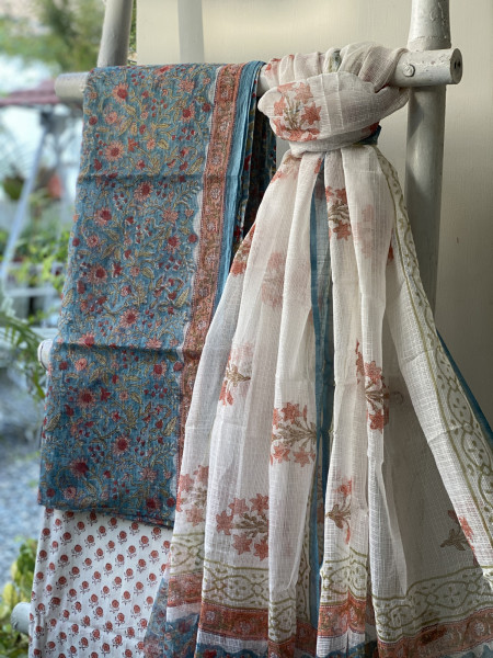 BLUE-OFF WHITE HAND BLOCK PRINT KOTA DUPATTA SET