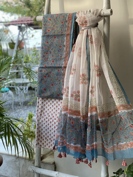 BLUE-OFF WHITE HAND BLOCK PRINT KOTA DUPATTA SET