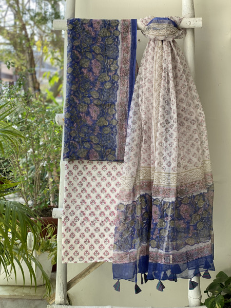 VIOLET -OFF WHITE HAND BLOCK PRINT KOTA DUPATTA SET