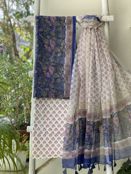 VIOLET -OFF WHITE HAND BLOCK PRINT KOTA DUPATTA SET