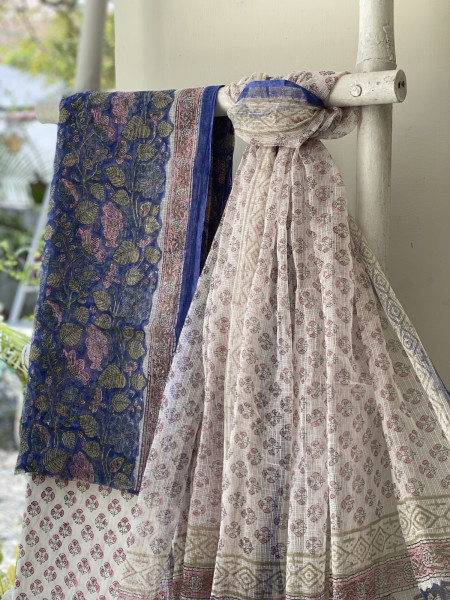 VIOLET -OFF WHITE HAND BLOCK PRINT KOTA DUPATTA SET
