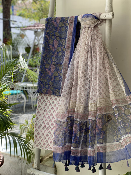 VIOLET -OFF WHITE HAND BLOCK PRINT KOTA DUPATTA SET