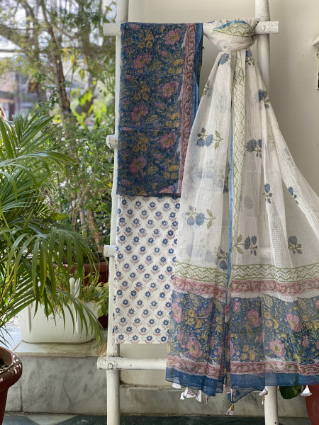 BLUE -OFF WHITE HAND BLOCK PRINT KOTA DUPATTA SET
