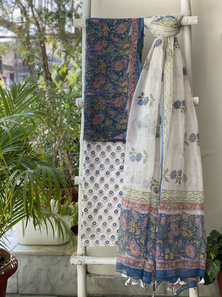 BLUE -OFF WHITE HAND BLOCK PRINT KOTA DUPATTA SET