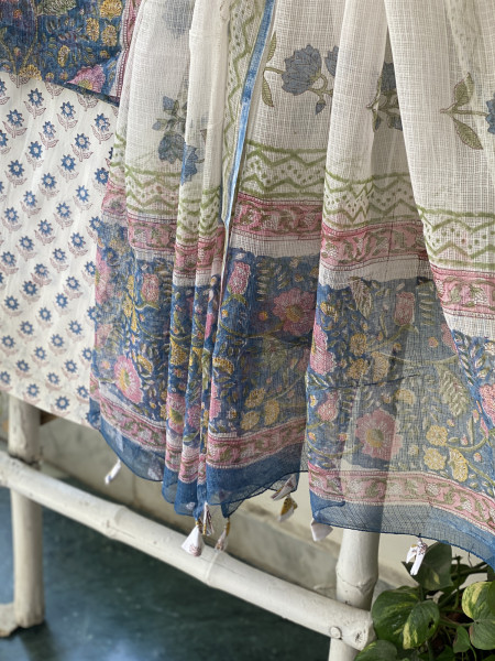 BLUE -OFF WHITE HAND BLOCK PRINT KOTA DUPATTA SET
