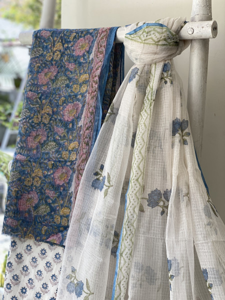 BLUE -OFF WHITE HAND BLOCK PRINT KOTA DUPATTA SET