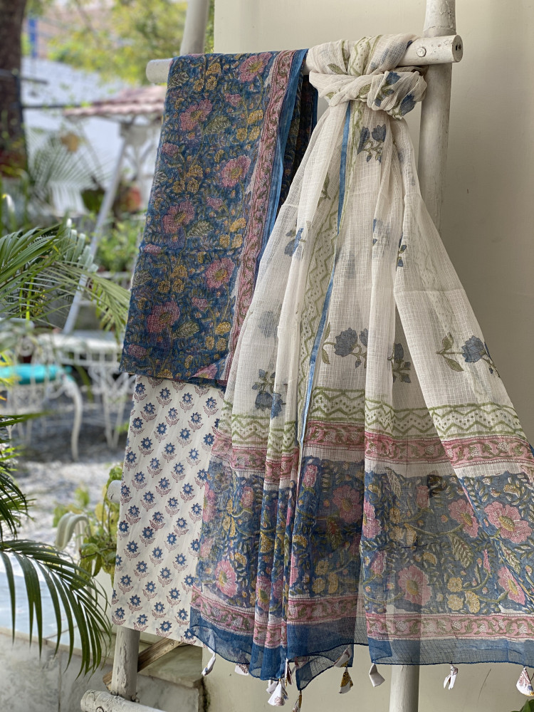 Image of BLUE -OFF WHITE HAND BLOCK PRINT KOTA DUPATTA SET