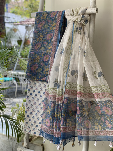 BLUE -OFF WHITE HAND BLOCK PRINT KOTA DUPATTA SET