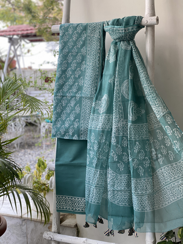 Image of TEAL HAND BLOCK PRINT KOTA DUPATTA SET