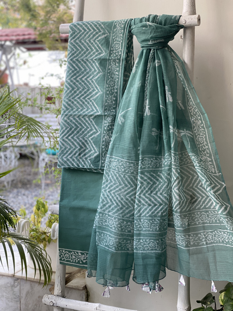 Image of TEAL HAND BLOCK PRINT KOTA DUPATTA SET