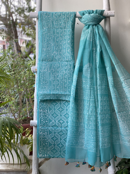 AQUA HAND BLOCK PRINT KOTA DUPATTA SET