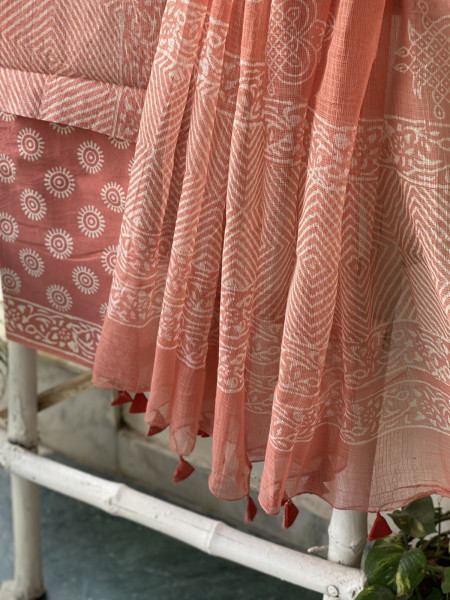PEACH HAND BLOCK PRINT KOTA DUPATTA SET