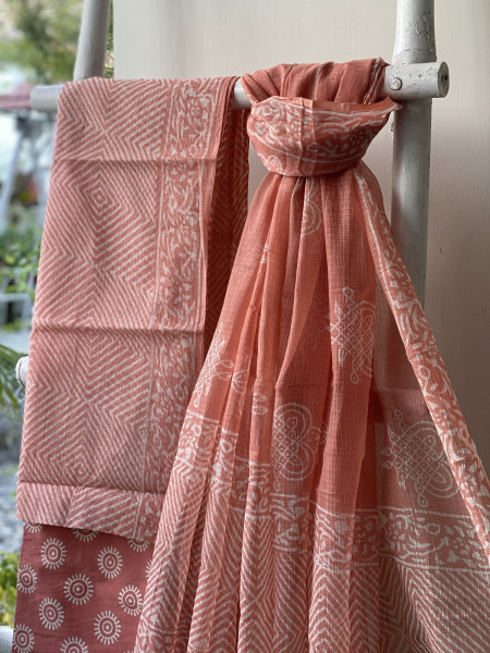 PEACH HAND BLOCK PRINT KOTA DUPATTA SET