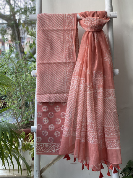 PEACH HAND BLOCK PRINT KOTA DUPATTA SET