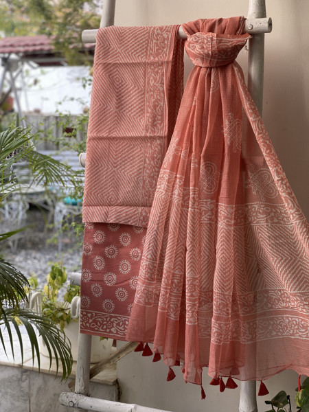 PEACH HAND BLOCK PRINT KOTA DUPATTA SET
