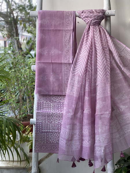 LAVENDER HAND BLOCK PRINT KOTA DUPATTA SET