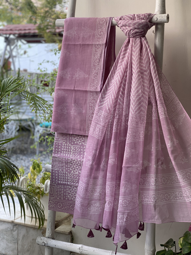 Image of LAVENDER HAND BLOCK PRINT KOTA DUPATTA SET