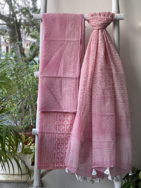 PINK HAND BLOCK PRINT KOTA DUPATTA SET