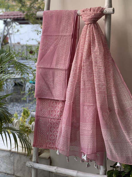 PINK HAND BLOCK PRINT KOTA DUPATTA SET