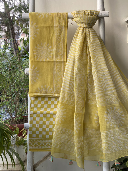YELLOW HAND BLOCK PRINT KOTA DUPATTA SET