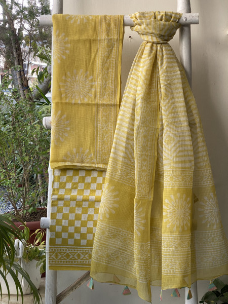 YELLOW HAND BLOCK PRINT KOTA DUPATTA SET