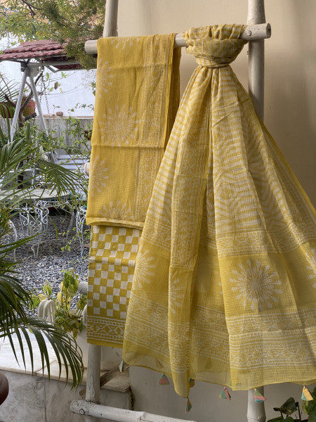 YELLOW HAND BLOCK PRINT KOTA DUPATTA SET