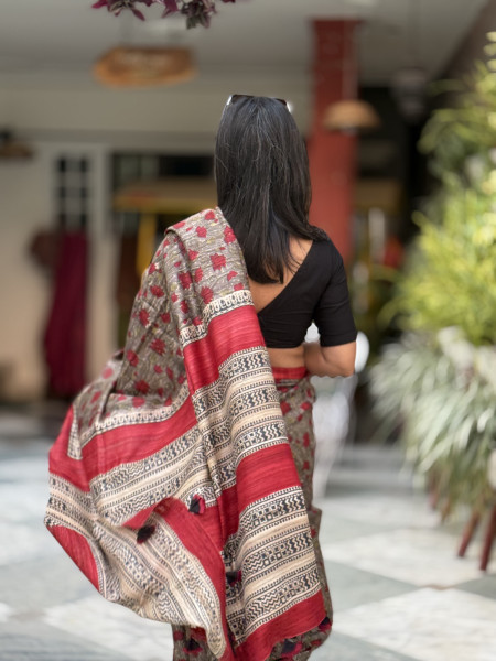 GREY-RED GHICHA SILK HAND BLOCK PRINT SARI