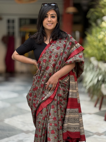 GREY-RED GHICHA SILK HAND BLOCK PRINT SARI