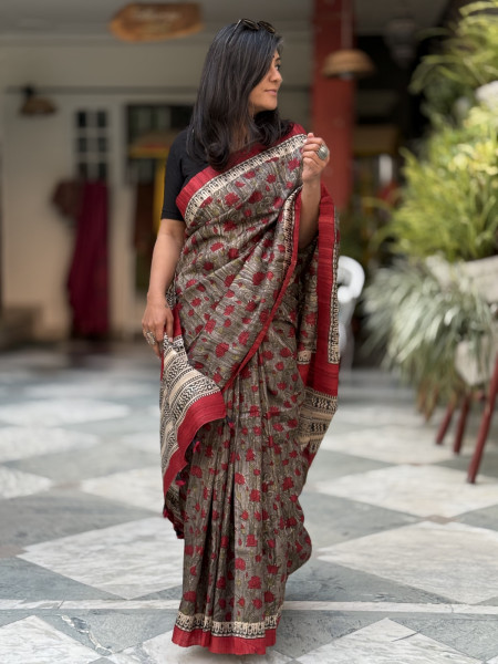 GREY-RED GHICHA SILK HAND BLOCK PRINT SARI