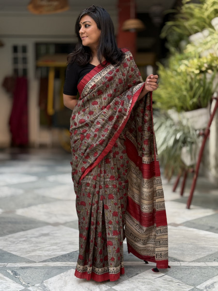 GREY-RED GHICHA SILK HAND BLOCK PRINT SARI