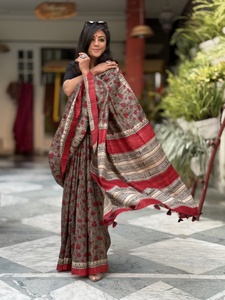 GREY-RED GHICHA SILK HAND BLOCK PRINT SARI
