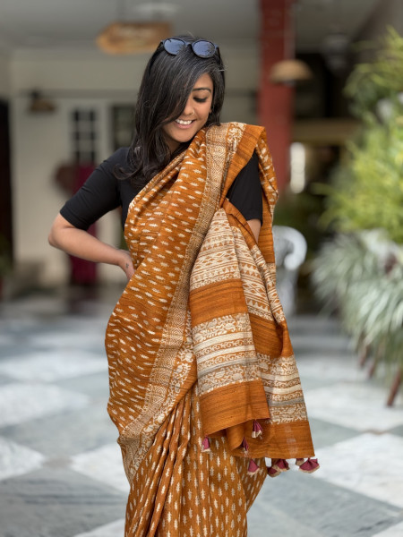 BURNT ORANGE GHICHA SILK HAND BLOCK PRINT SARI