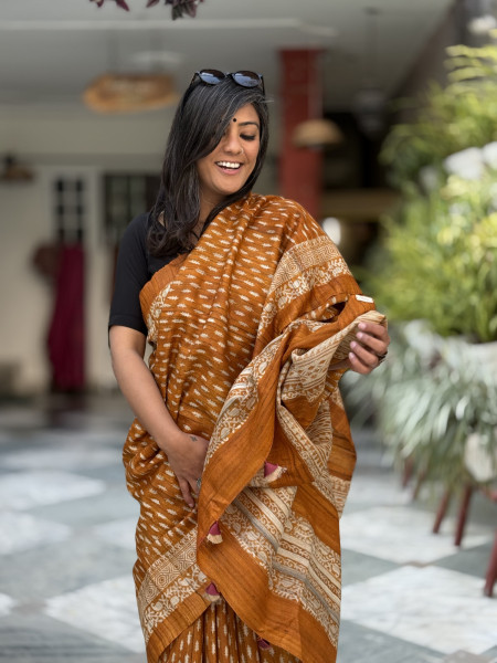 BURNT ORANGE GHICHA SILK HAND BLOCK PRINT SARI