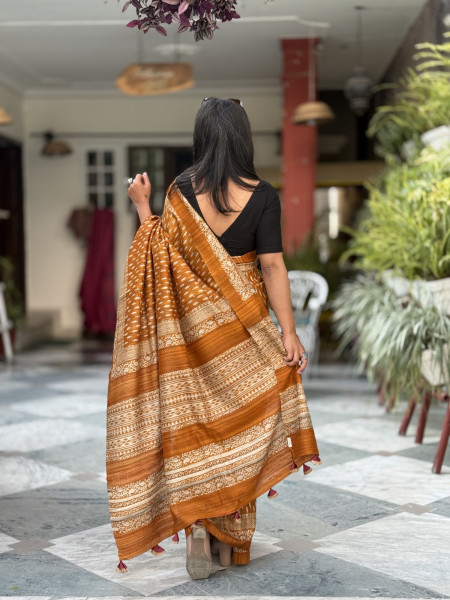 BURNT ORANGE GHICHA SILK HAND BLOCK PRINT SARI