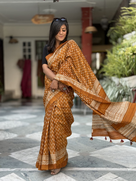 BURNT ORANGE GHICHA SILK HAND BLOCK PRINT SARI