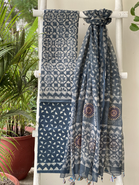 INDIGO HAND BLOCK PRINT KOTA  EMBROIDERED DUPATTA SET