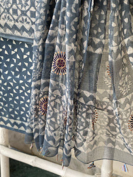 INDIGO HAND BLOCK PRINT KOTA  EMBROIDERED DUPATTA SET