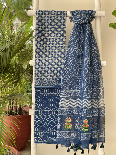 INDIGO HAND BLOCK PRINT KOTA  EMBROIDERED DUPATTA SET