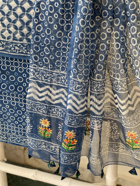 INDIGO HAND BLOCK PRINT KOTA  EMBROIDERED DUPATTA SET