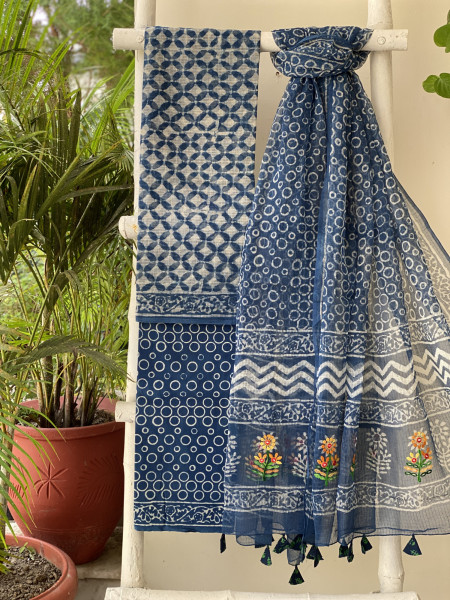 INDIGO HAND BLOCK PRINT KOTA  EMBROIDERED DUPATTA SET