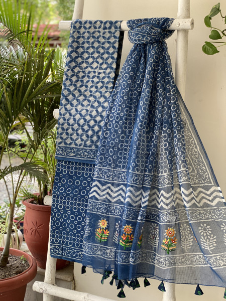 INDIGO HAND BLOCK PRINT KOTA  EMBROIDERED DUPATTA SET