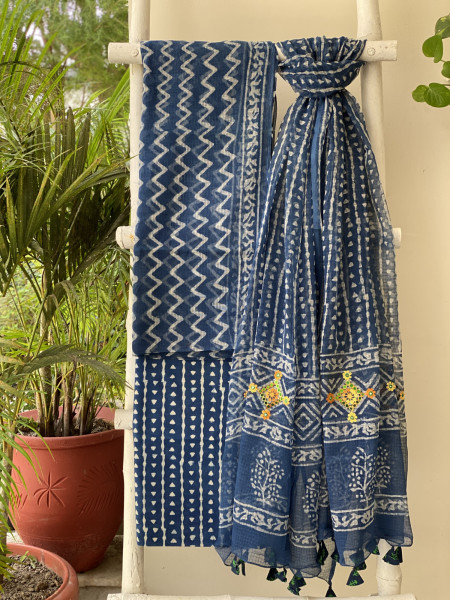 INDIGO HAND BLOCK PRINT KOTA  EMBROIDERED DUPATTA SET