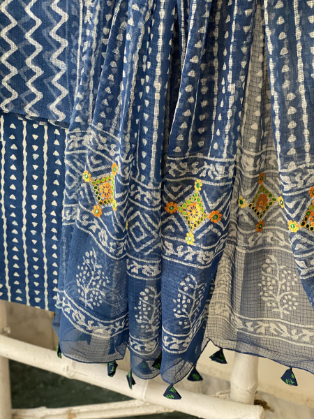 INDIGO HAND BLOCK PRINT KOTA  EMBROIDERED DUPATTA SET