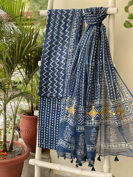 INDIGO HAND BLOCK PRINT KOTA  EMBROIDERED DUPATTA SET