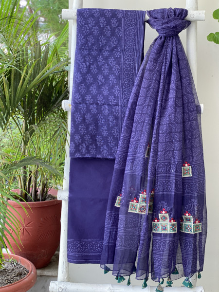 INK BLUE HAND BLOCK PRINT KOTA  EMBROIDERED DUPATTA SET