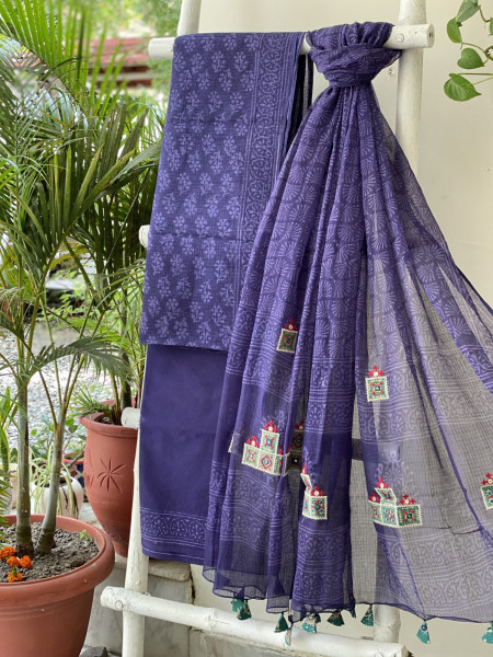 INK BLUE HAND BLOCK PRINT KOTA  EMBROIDERED DUPATTA SET