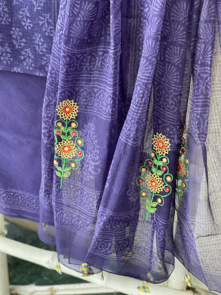 INK BLUE HAND BLOCK PRINT KOTA  EMBROIDERED DUPATTA SET