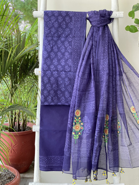 INK BLUE HAND BLOCK PRINT KOTA  EMBROIDERED DUPATTA SET