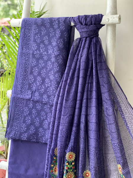 INK BLUE HAND BLOCK PRINT KOTA  EMBROIDERED DUPATTA SET